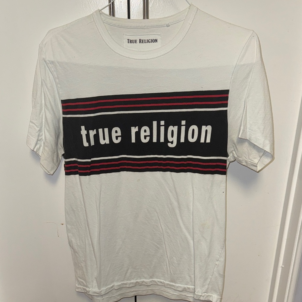 True Religion White and Black Striped Tee